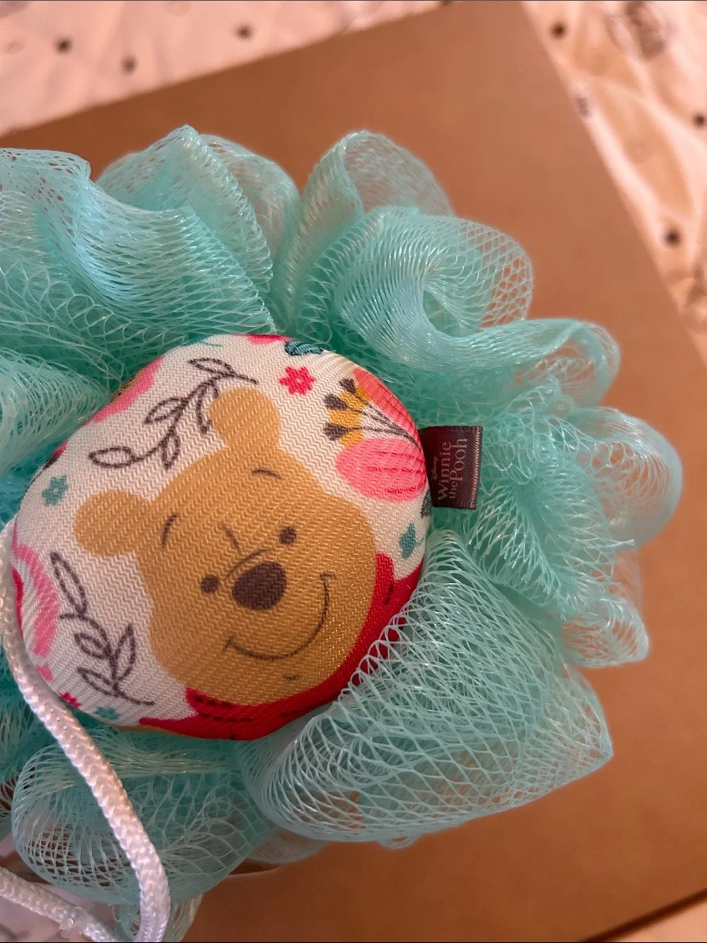 Mint Bath Pouf with Winnie the Pooh Accent